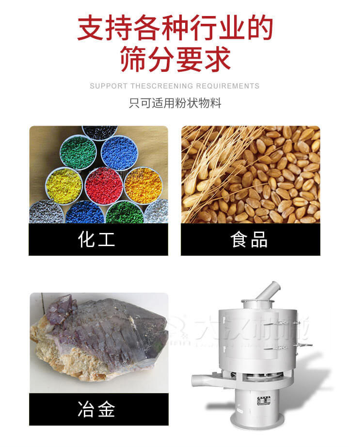 氣流篩用于礦粉，石墨粉，活性納米碳酸鈣，鋁灰，大豆粉，碳酸重鈣，石墨粉，木粉，干草，重金石粉，藥粉末，橡膠顆粒，草酸鹽，干料粉，木粉，聚酯粉，干粉，塑料，金屬粉末，橡膠粉，粉煤灰，石墨粉，陶瓷粉，鋅粉，石英粉，石灰粉，鐵粉，金屬硅粉等。