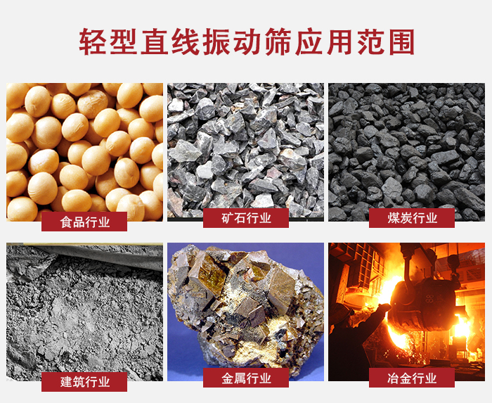 輕型直線振動篩應(yīng)用范圍較廣多使用與顆粒狀，粉狀以及其它重型行業(yè)的輸送。